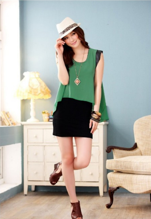 WD21686 Feminine Chiffon One Piece Dress Green