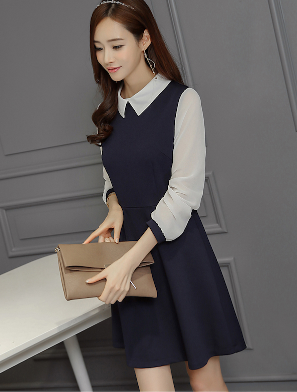 WD7662 Charming Collar OL Dress Dark Blue