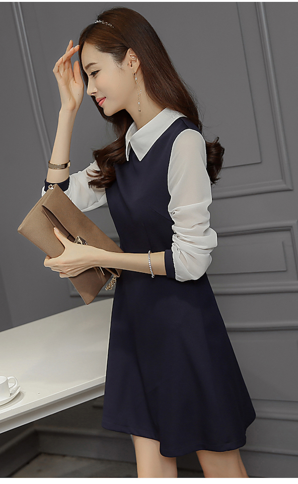 WD7662 Charming Collar OL Dress Dark Blue