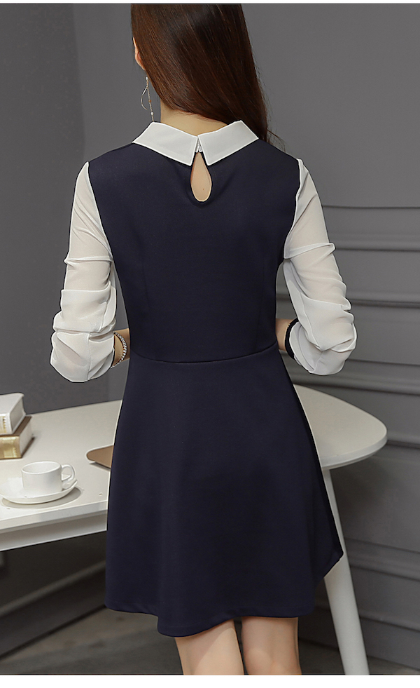 WD7662 Charming Collar OL Dress Dark Blue