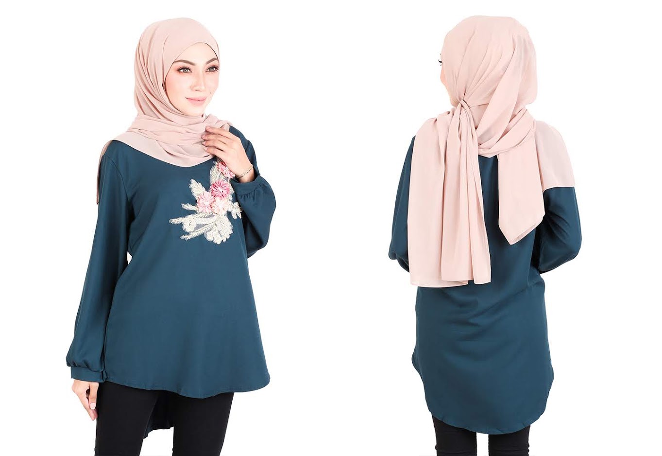 QA-523 Women's Floral Embroidery Blouse Ocean Green