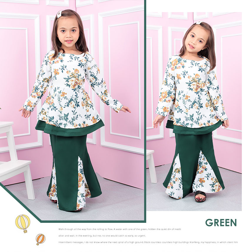 QA-554 KIDS FLORAL KURUNG GREEN