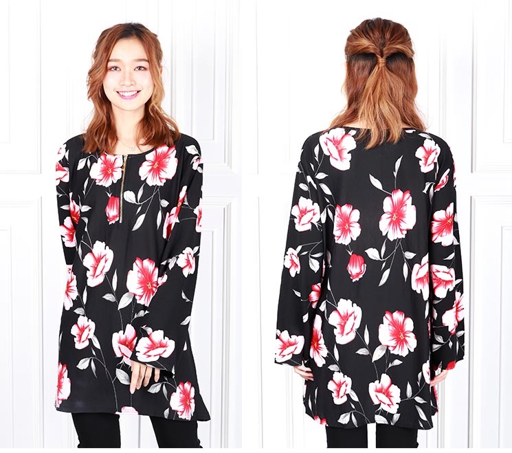 QA-620 PLUS SIZE PRINTED ZIPPER BLOUSE BLACK