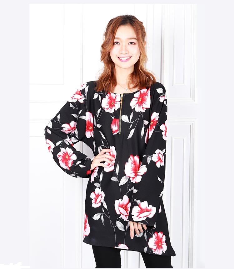 QA-620 PLUS SIZE PRINTED ZIPPER BLOUSE BLACK