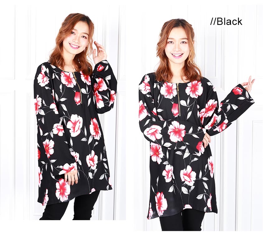 QA-620 PLUS SIZE PRINTED ZIPPER BLOUSE BLACK
