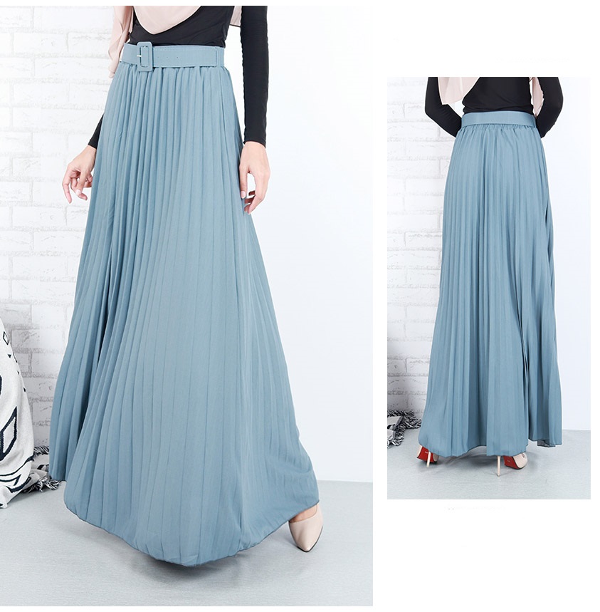 QA-658 ISABELLE PLEATED MAXI SKIRT DUST BLUE