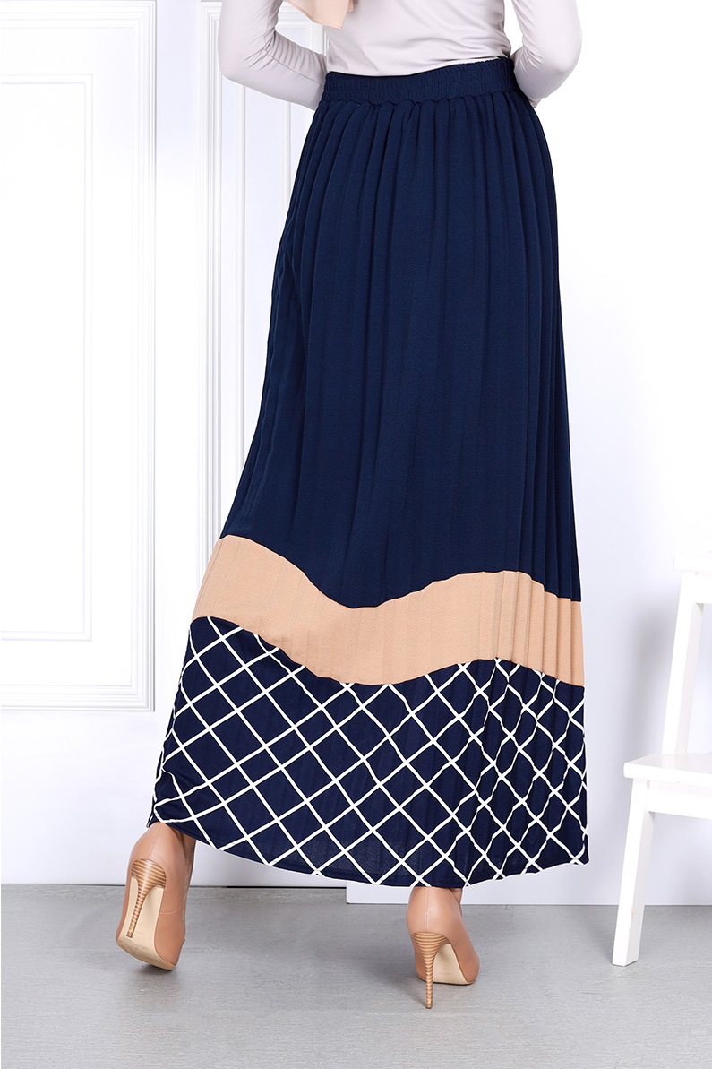 QA-816 PLEATED LONG SKIRTS NAVY BLUE