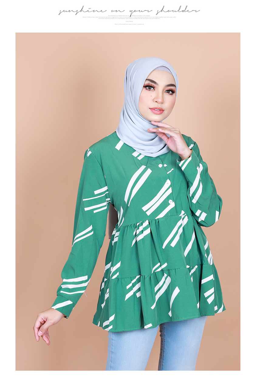 QA-838 - Front Button Line Blouse Green White Line