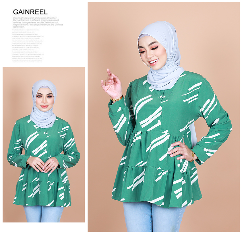 QA-838 - Front Button Line Blouse Green White Line