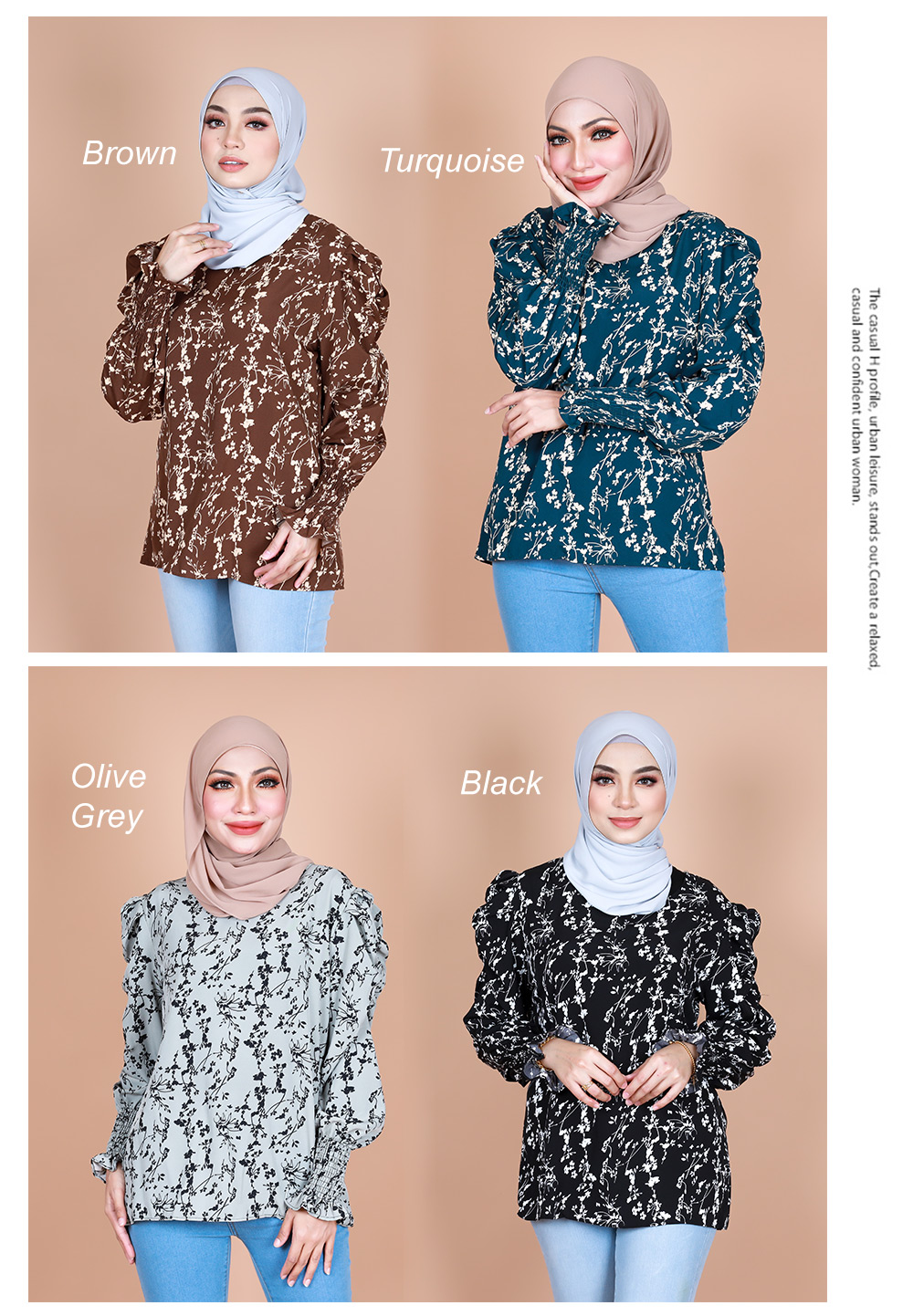 QA-867 - Stylish Puff Sleeve Flora Blouse OliveGrey