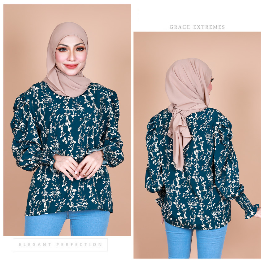 QA-867 - Stylish Puff Sleeve Flora Blouse Turquoise