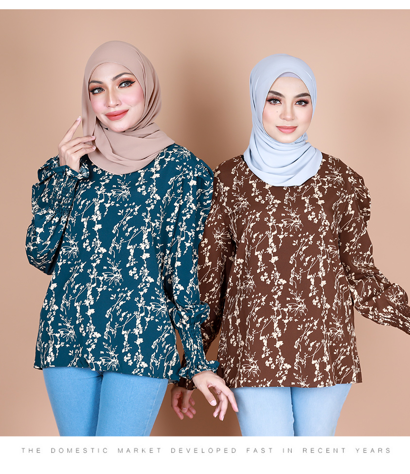 QA-867 - Stylish Puff Sleeve Flora Blouse OliveGrey