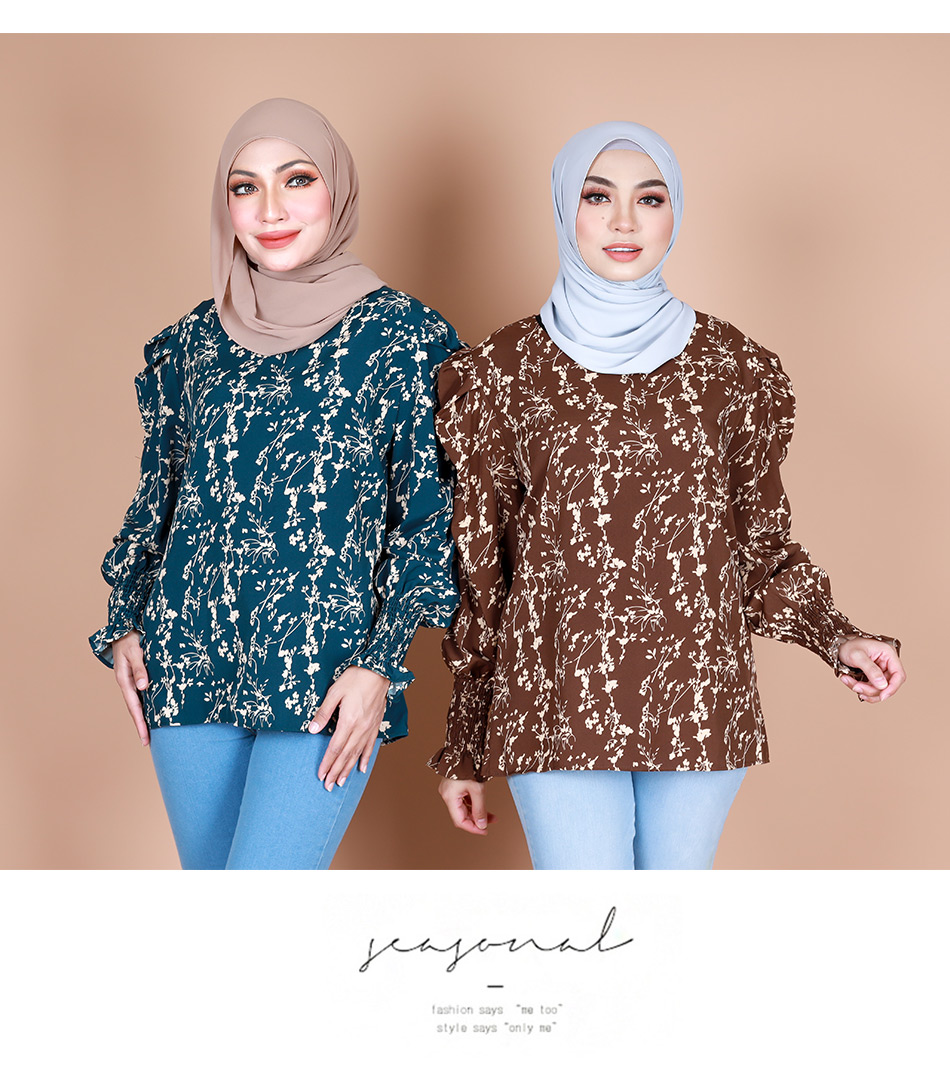 QA-867 - Stylish Puff Sleeve Flora Blouse OliveGrey