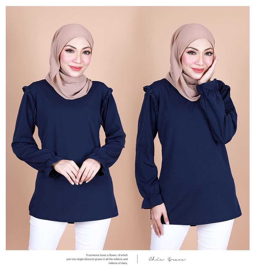 QA-883 Ruffles Long Sleeve Blouse Navy